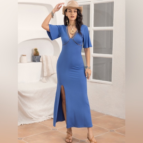 Slit Openwork V-Neck Half Sleeve Dress - Picture 4 of 8